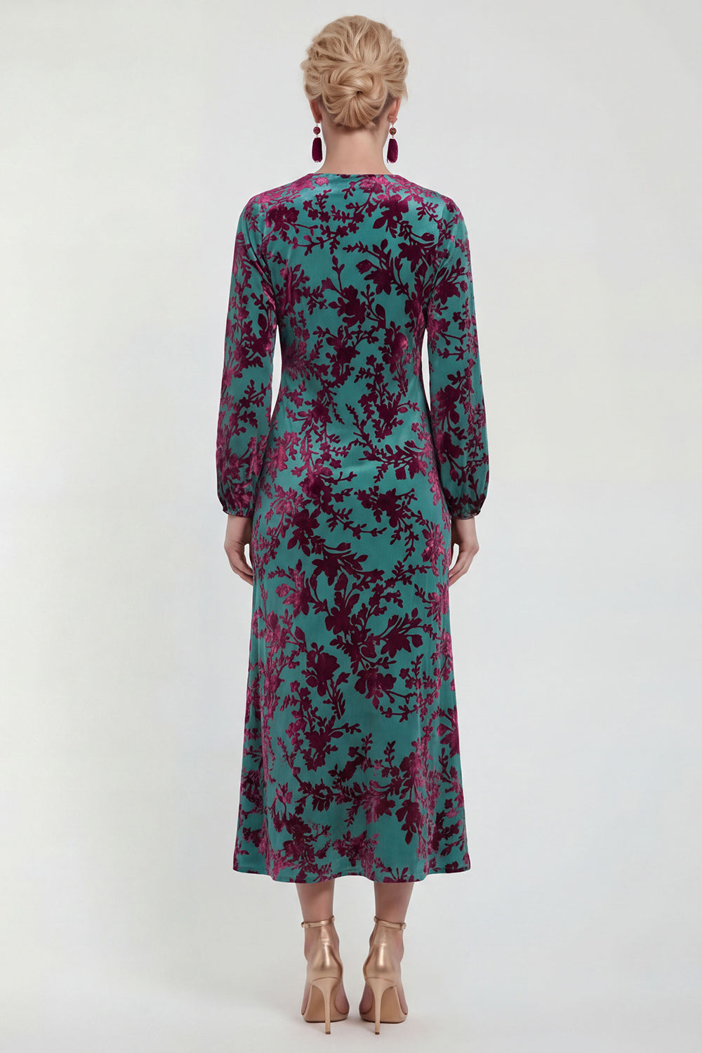 Fuchsia Floral Round Neck Midi Mother of the Bride Dress with Sleeves