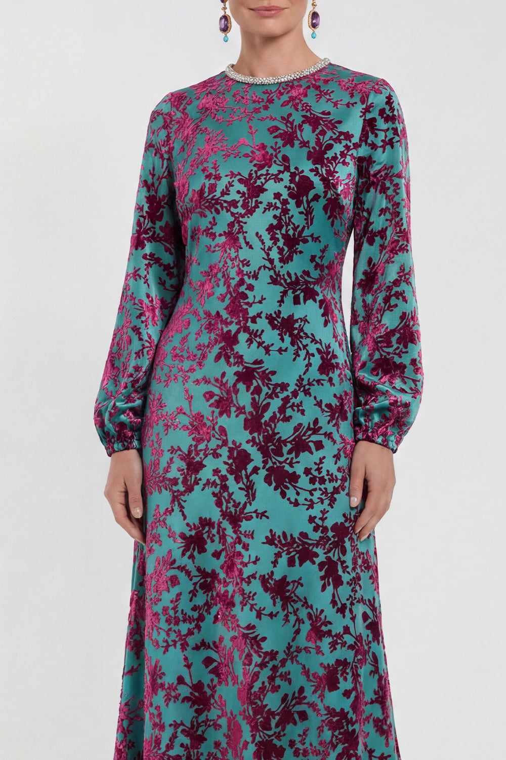 Fuchsia Floral Round Neck Midi Mother of the Bride Dress with Sleeves