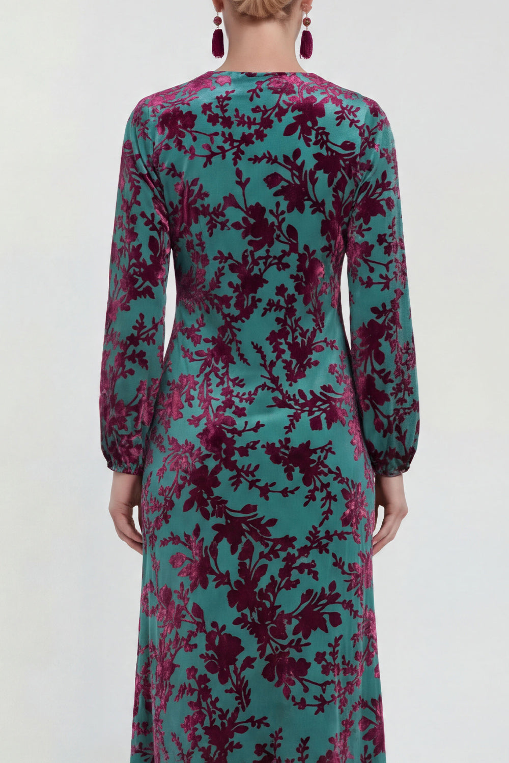 Fuchsia Floral Round Neck Midi Mother of the Bride Dress with Sleeves