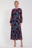 Fuchsia Floral Round Neck Midi Mother of the Bride Dress with Sleeves