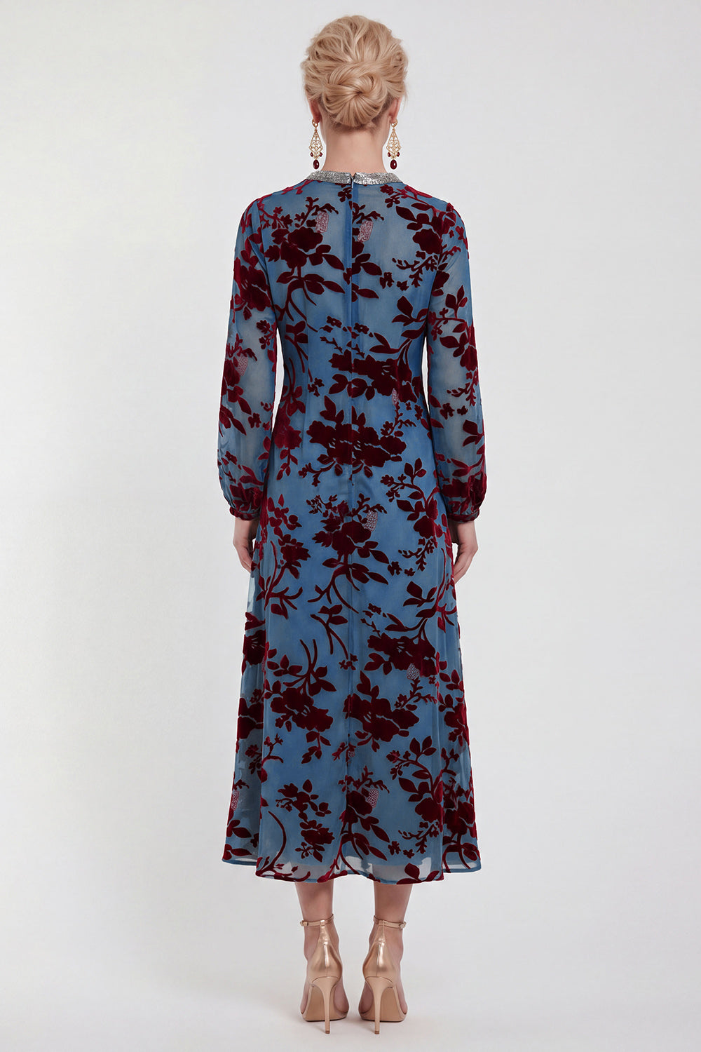 Fuchsia Floral Round Neck Midi Mother of the Bride Dress with Sleeves