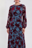 Fuchsia Floral Round Neck Midi Mother of the Bride Dress with Sleeves