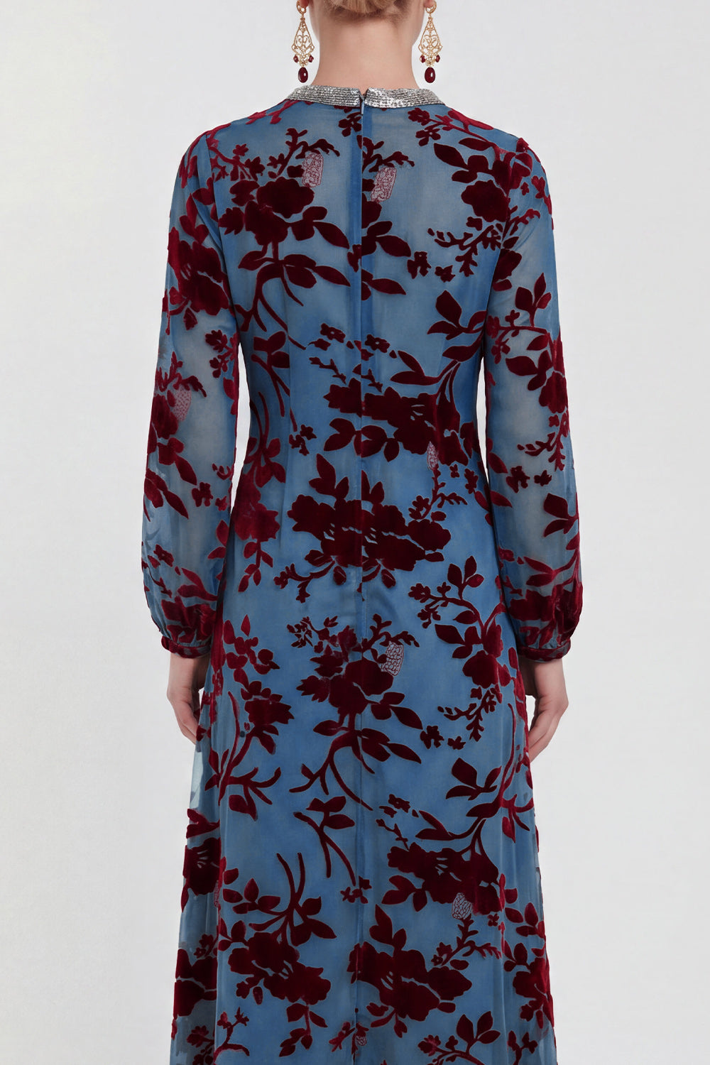 Fuchsia Floral Round Neck Midi Mother of the Bride Dress with Sleeves