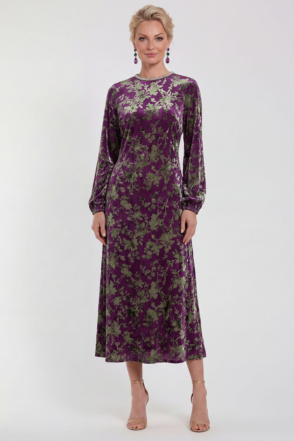 Fuchsia Floral Round Neck Midi Mother of the Bride Dress with Sleeves