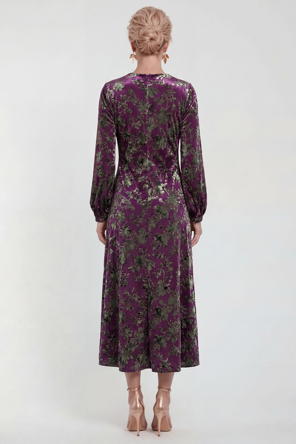 Fuchsia Floral Round Neck Midi Mother of the Bride Dress with Sleeves