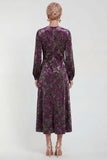 Fuchsia Floral Round Neck Midi Mother of the Bride Dress with Sleeves