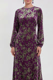 Fuchsia Floral Round Neck Midi Mother of the Bride Dress with Sleeves