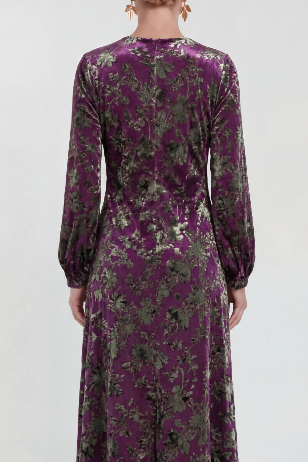 Fuchsia Floral Round Neck Midi Mother of the Bride Dress with Sleeves