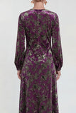 Fuchsia Floral Round Neck Midi Mother of the Bride Dress with Sleeves