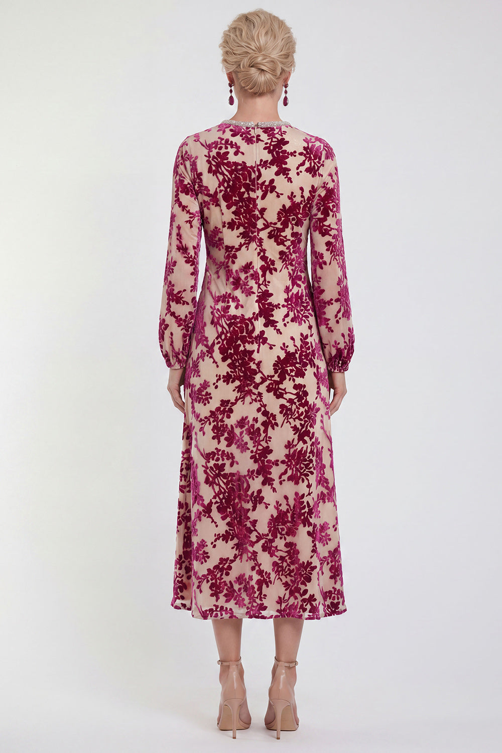 Fuchsia Floral Round Neck Midi Mother of the Bride Dress with Sleeves