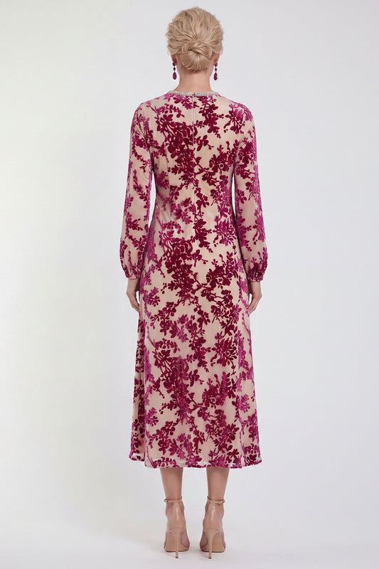 Fuchsia Floral Round Neck Midi Mother of the Bride Dress with Sleeves