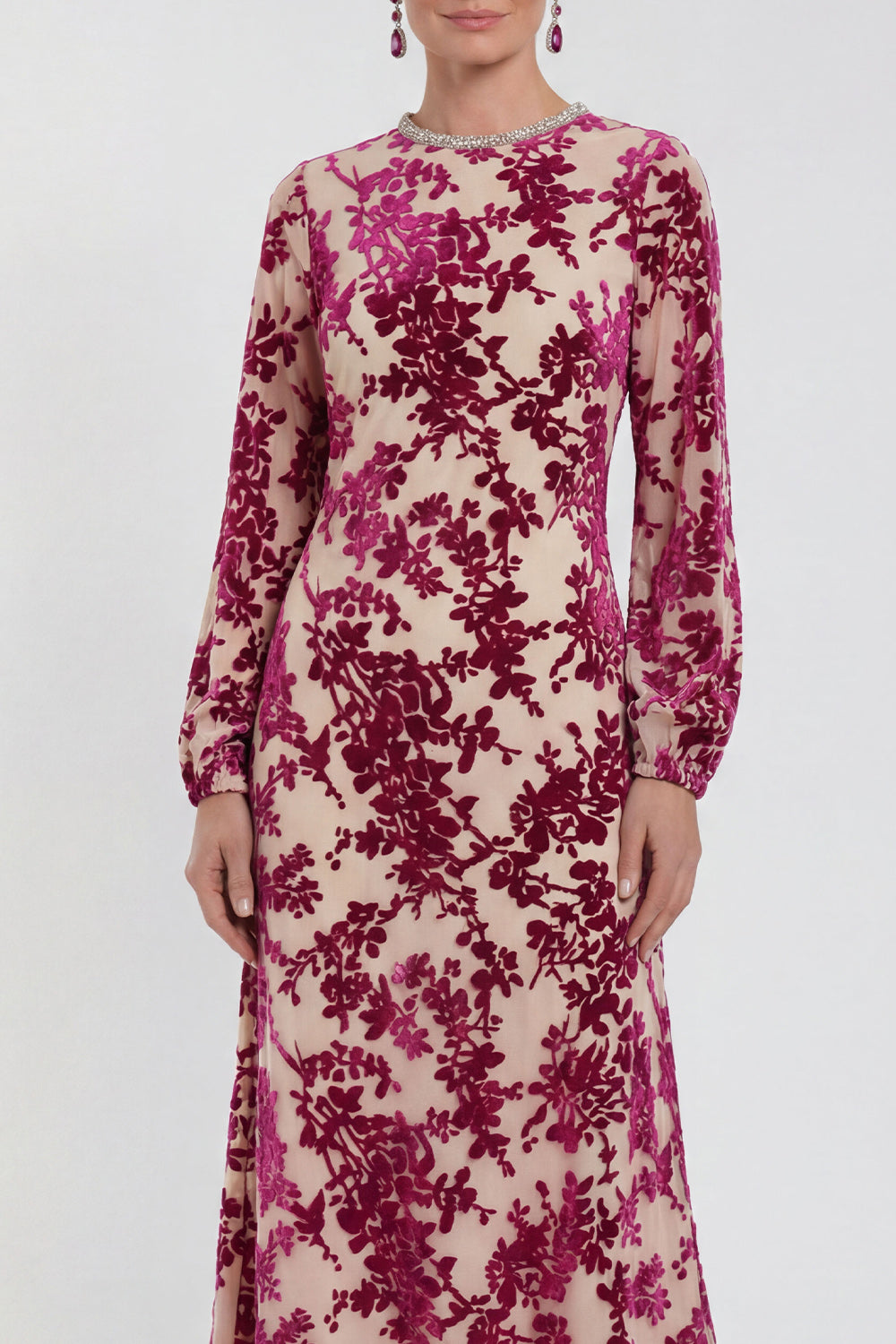 Fuchsia Floral Round Neck Midi Mother of the Bride Dress with Sleeves