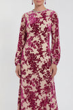 Fuchsia Floral Round Neck Midi Mother of the Bride Dress with Sleeves