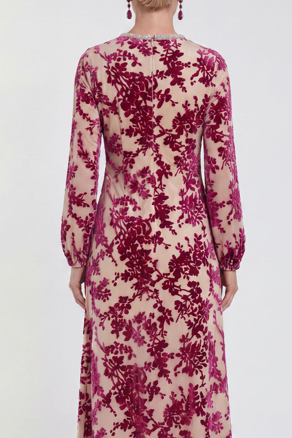 Fuchsia Floral Round Neck Midi Mother of the Bride Dress with Sleeves