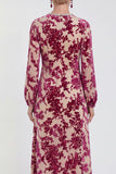 Fuchsia Floral Round Neck Midi Mother of the Bride Dress with Sleeves