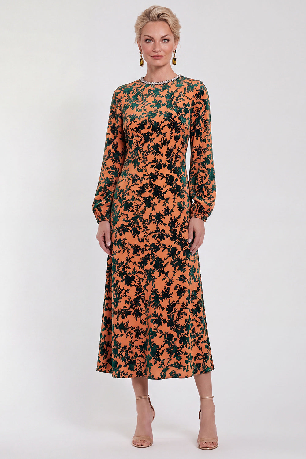 Fuchsia Floral Round Neck Midi Mother of the Bride Dress with Sleeves