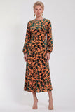 Fuchsia Floral Round Neck Midi Mother of the Bride Dress with Sleeves