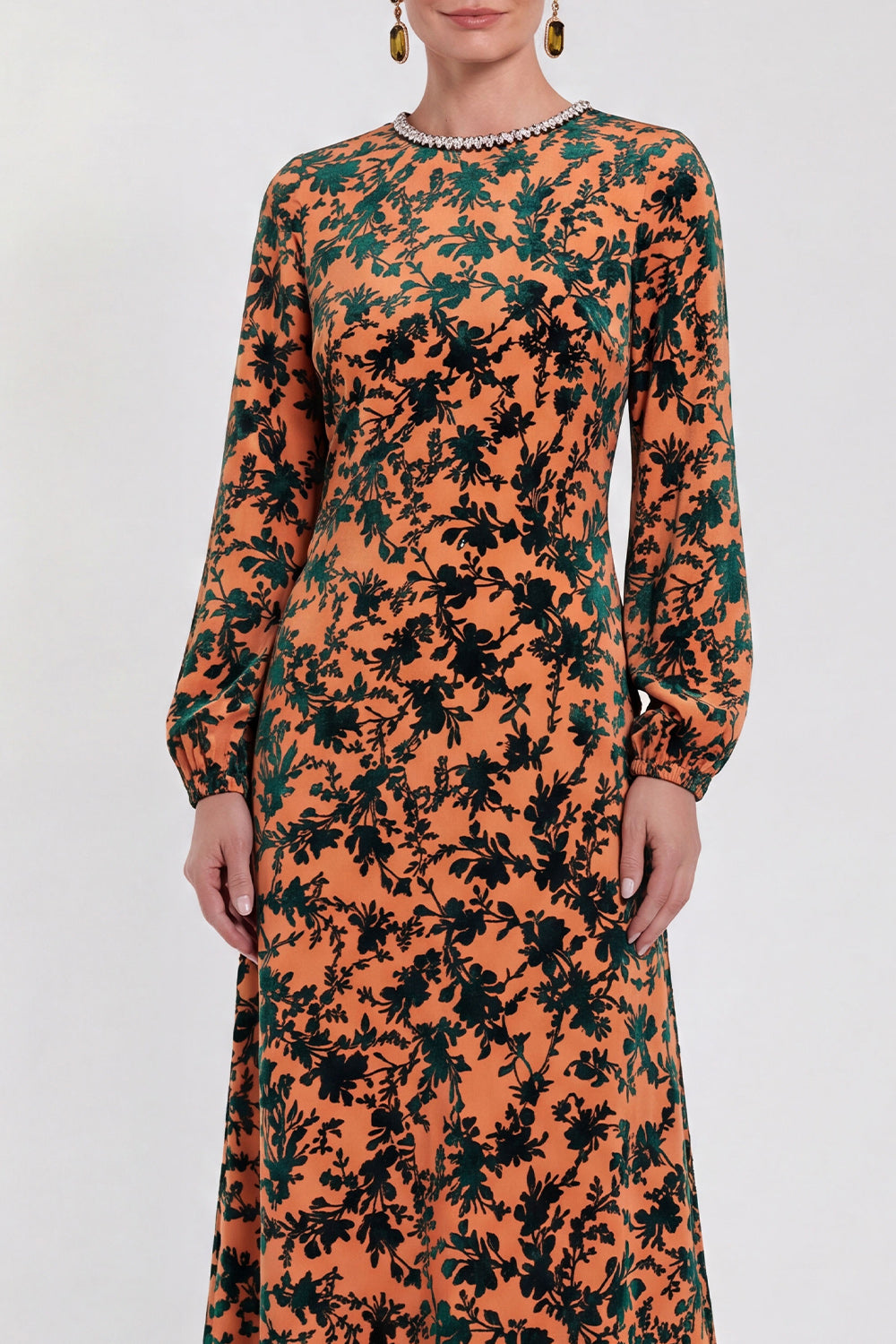 Fuchsia Floral Round Neck Midi Mother of the Bride Dress with Sleeves