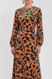 Fuchsia Floral Round Neck Midi Mother of the Bride Dress with Sleeves