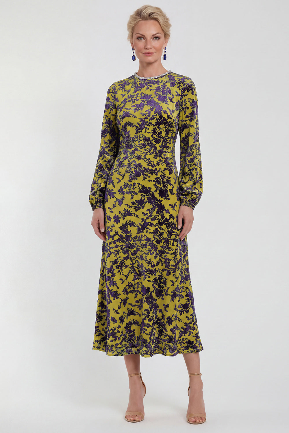 Fuchsia Floral Round Neck Midi Mother of the Bride Dress with Sleeves