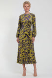 Fuchsia Floral Round Neck Midi Mother of the Bride Dress with Sleeves
