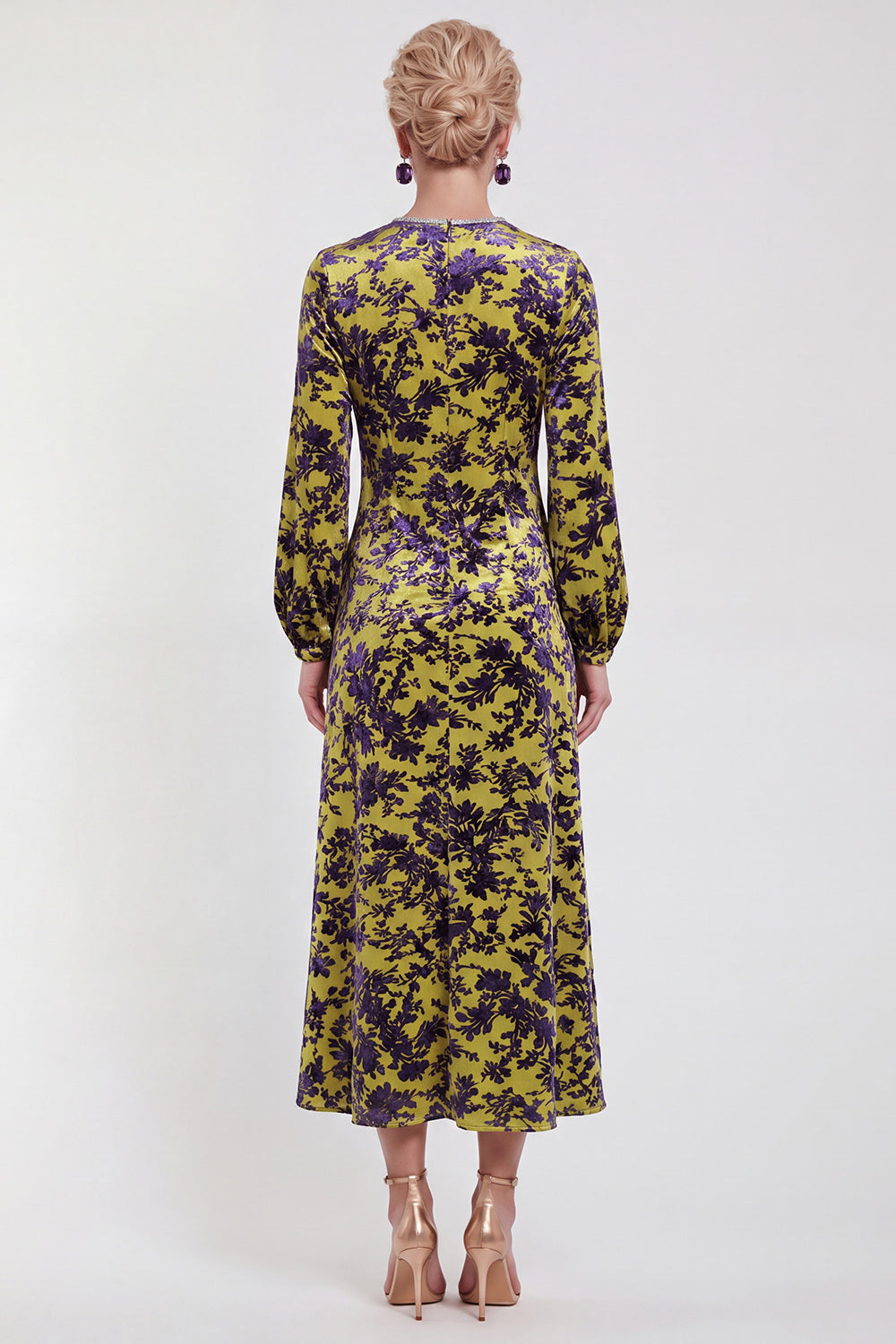 Fuchsia Floral Round Neck Midi Mother of the Bride Dress with Sleeves