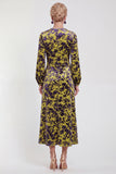 Fuchsia Floral Round Neck Midi Mother of the Bride Dress with Sleeves