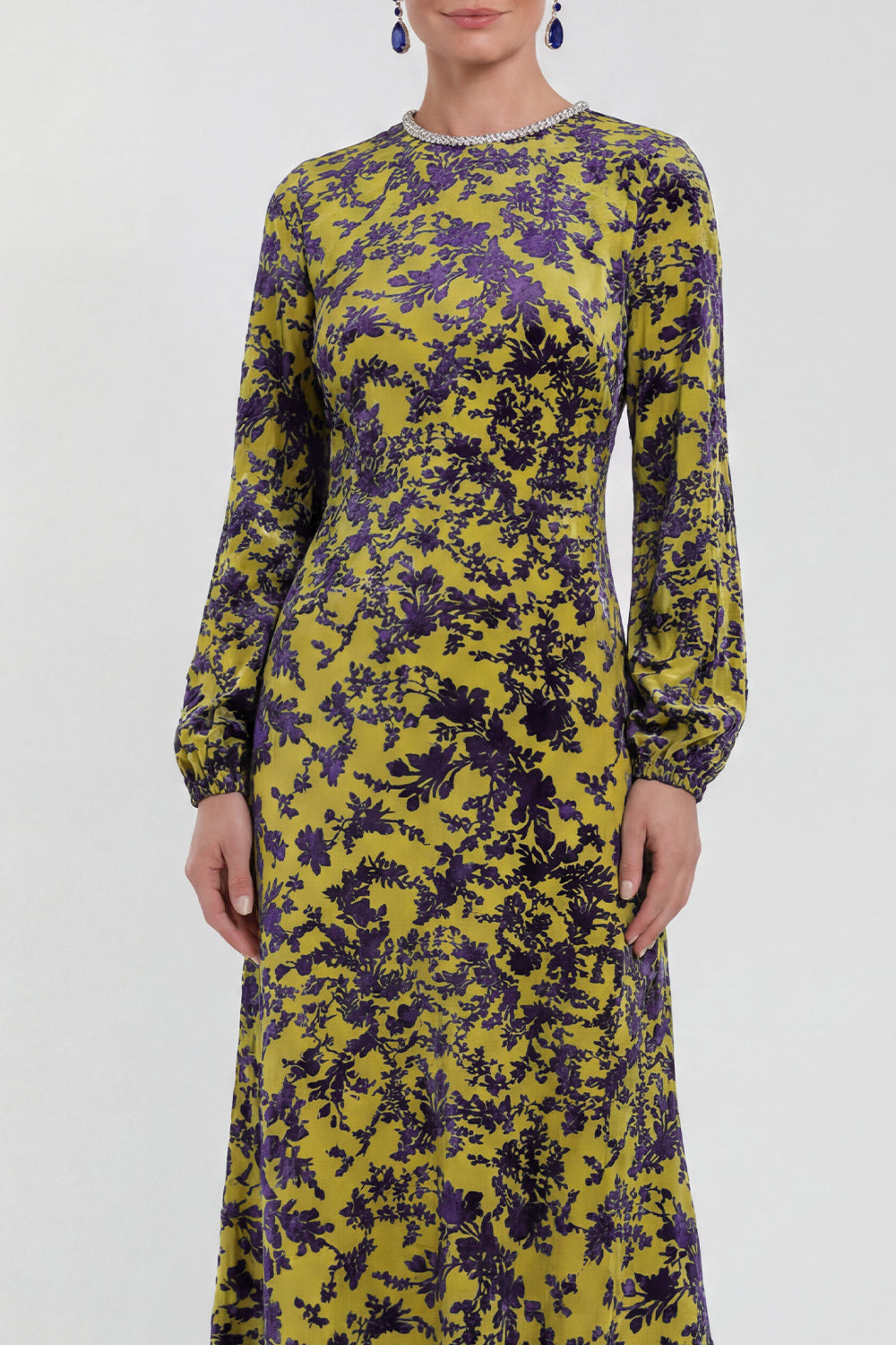Fuchsia Floral Round Neck Midi Mother of the Bride Dress with Sleeves