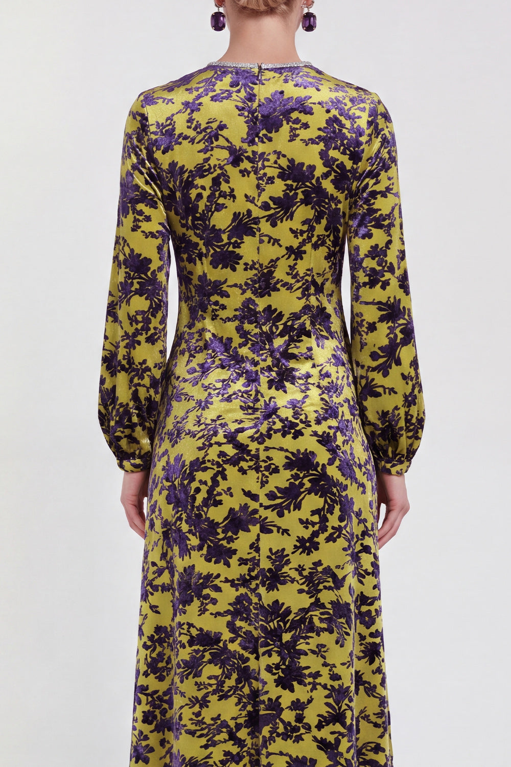 Fuchsia Floral Round Neck Midi Mother of the Bride Dress with Sleeves