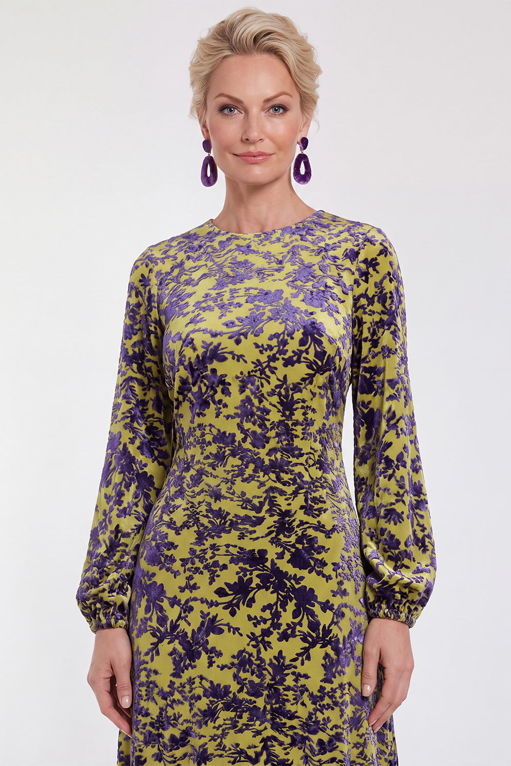 Fuchsia Floral Round Neck Midi Mother of the Bride Dress with Sleeves