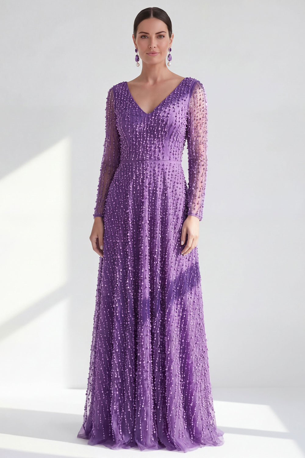 Dark Purple A Line Beaded Long Sparkly Mother Of the Bride Dress