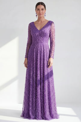 Dark Purple A Line Beaded Long Sparkly Mother Of the Bride Dress
