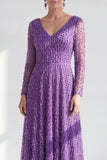 Dark Purple A Line Beaded Long Sparkly Mother Of the Bride Dress