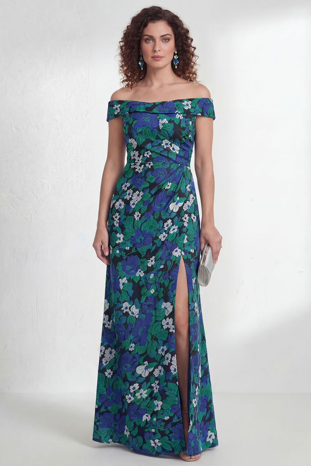 Green Flower Mermaid Ruched Off the Shoulder Long Mother of the Bride Dress with Slit