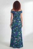 Green Flower Mermaid Ruched Off the Shoulder Long Mother of the Bride Dress with Slit