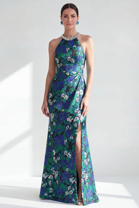 Green Flower Long Mermaid Halter Mother of the Bride Dress with Slit