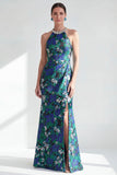 Green Flower Long Mermaid Halter Mother of the Bride Dress with Slit