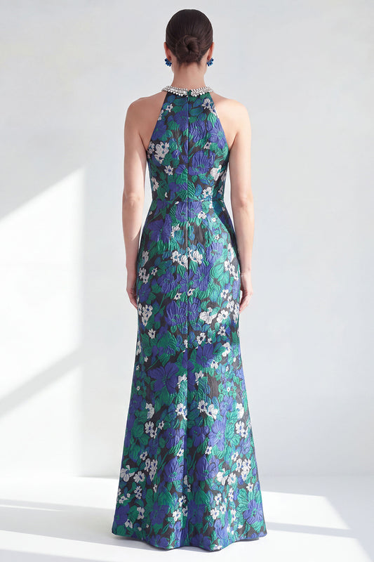 Green Flower Long Mermaid Halter Mother of the Bride Dress with Slit
