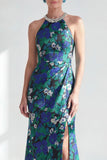 Green Flower Long Mermaid Halter Mother of the Bride Dress with Slit