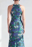 Green Flower Long Mermaid Halter Mother of the Bride Dress with Slit