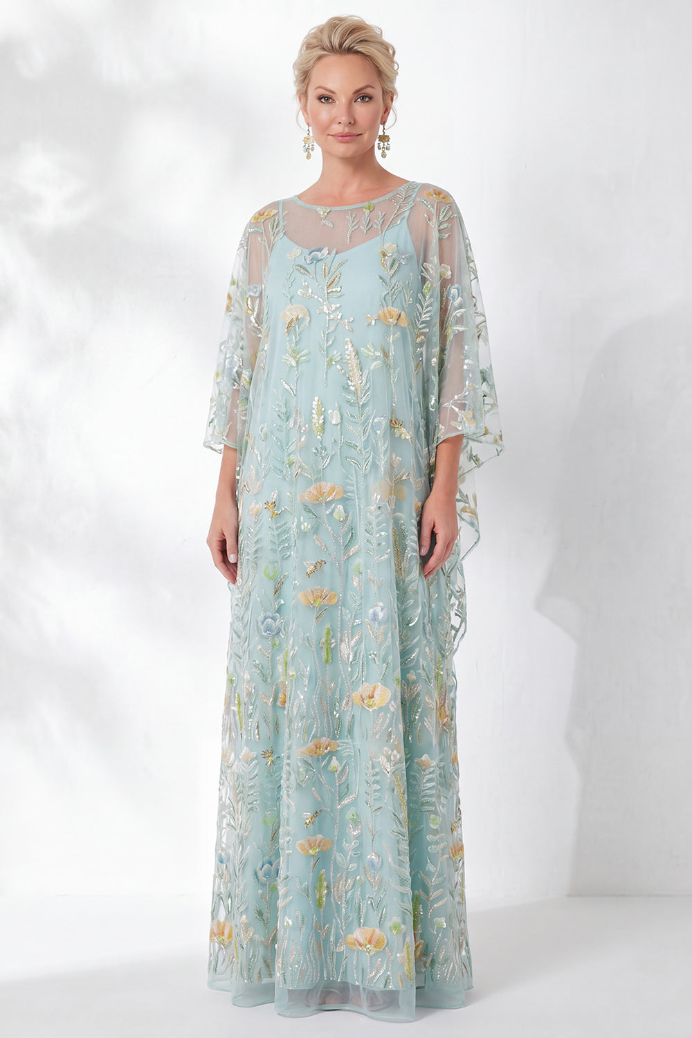 Floral Navy Sparkly Sheath Long Mother of the Bride Dress with Sleeves