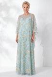 Floral Navy Sparkly Sheath Long Mother of the Bride Dress with Sleeves