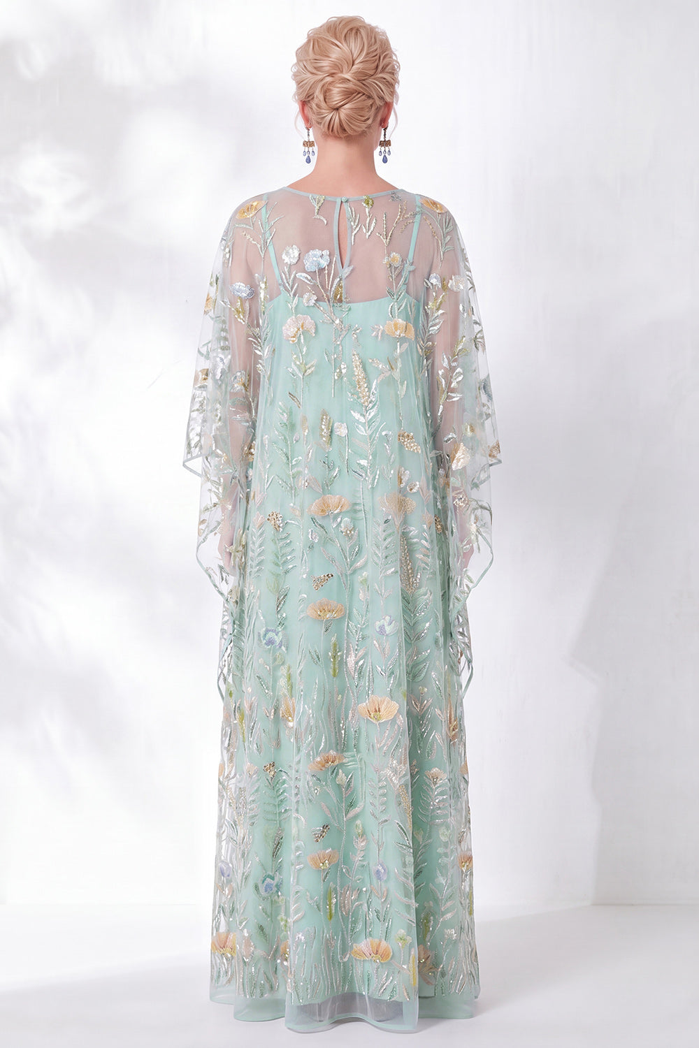Floral Navy Sparkly Sheath Long Mother of the Bride Dress with Sleeves
