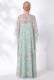 Floral Navy Sparkly Sheath Long Mother of the Bride Dress with Sleeves
