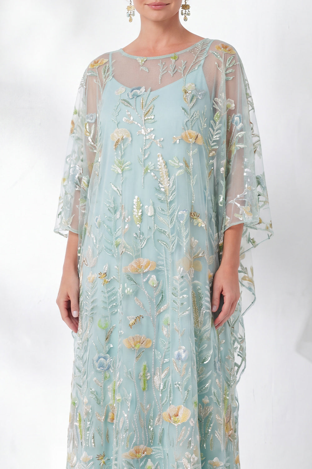 Floral Navy Sparkly Sheath Long Mother of the Bride Dress with Sleeves
