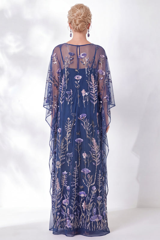 Floral Navy Sparkly Sheath Long Mother of the Bride Dress with Sleeves