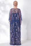Floral Navy Sparkly Sheath Long Mother of the Bride Dress with Sleeves