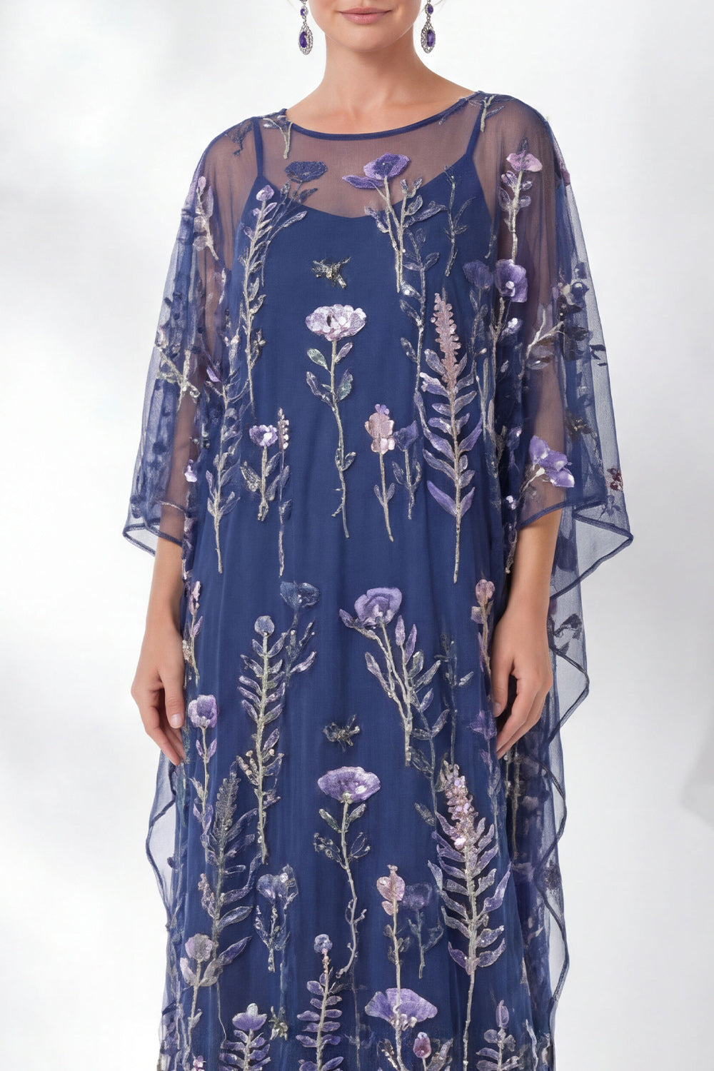 Floral Navy Sparkly Sheath Long Mother of the Bride Dress with Sleeves