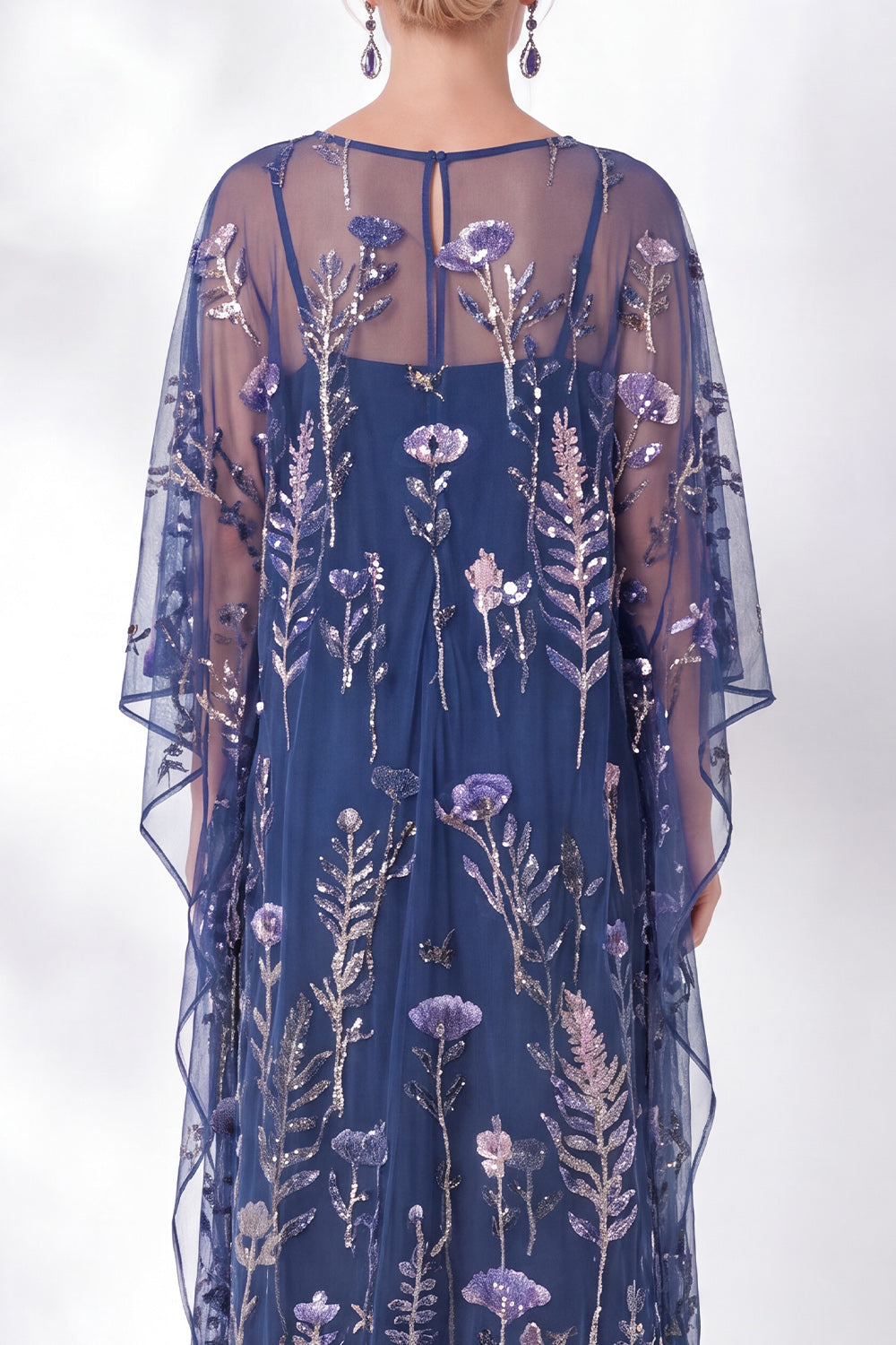 Floral Navy Sparkly Sheath Long Mother of the Bride Dress with Sleeves