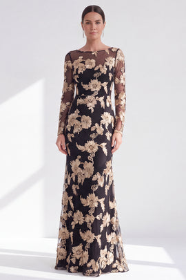 Black Champagne Long Sleeves Floral Illusion Boat Neck Mother of the Bride Dress